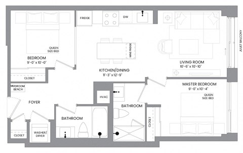 a floor plan of an apartment with a bedroom and a living room